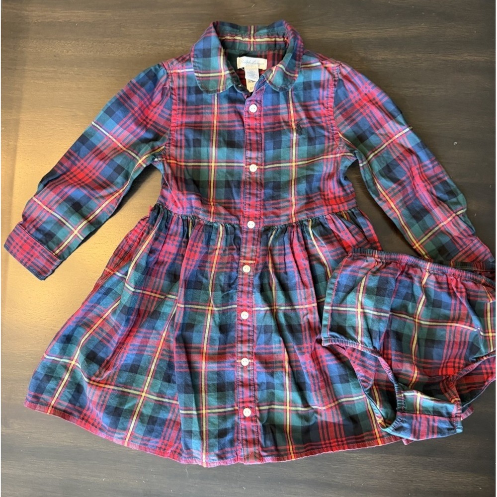 Ralph Lauren 24M Baby Girls Holiday Plaid Cotton Twill Shirt Dress W/bloom  Euc